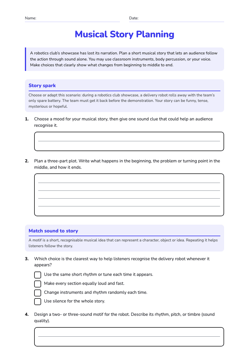 Musical Story Planning worksheet preview
