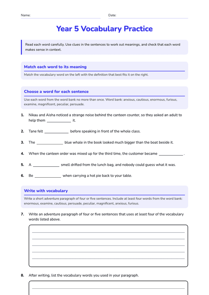Year 5 Vocabulary Practice