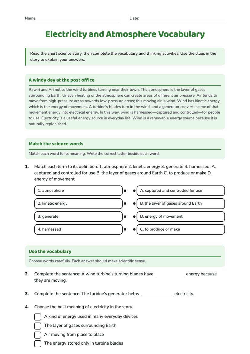Electricity and Atmosphere Vocabulary