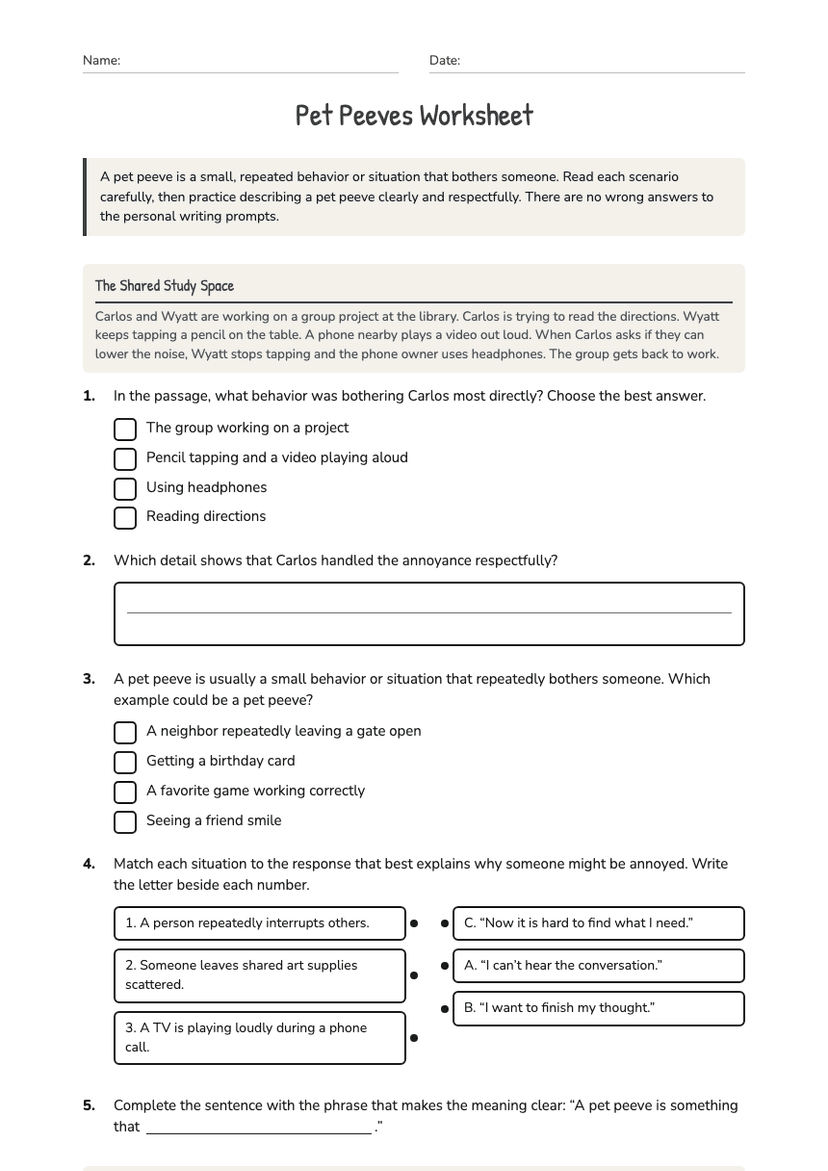 Pet Peeves Worksheet
