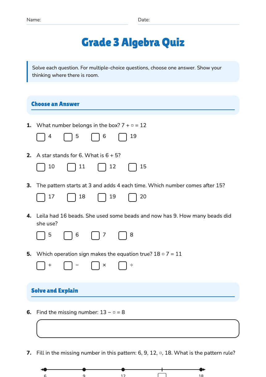 Grade 3 Algebra Quiz worksheet preview