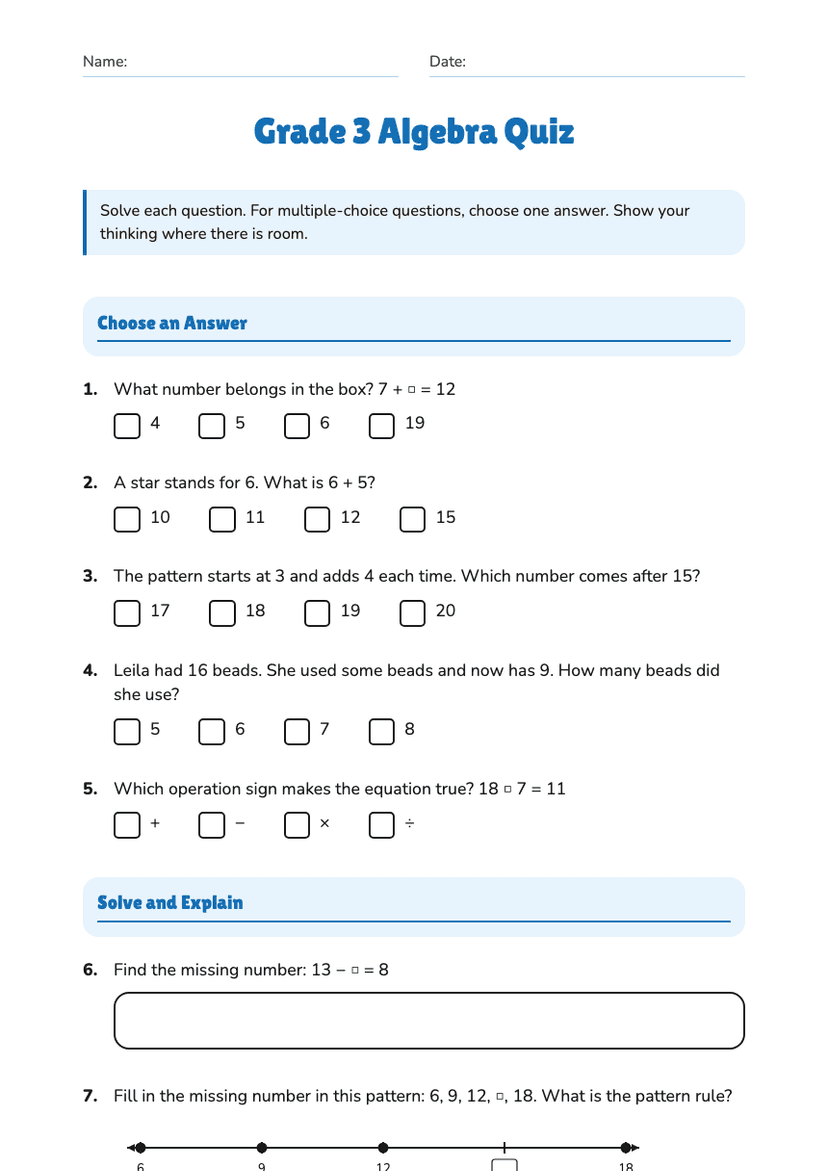 Grade 3 Algebra Quiz