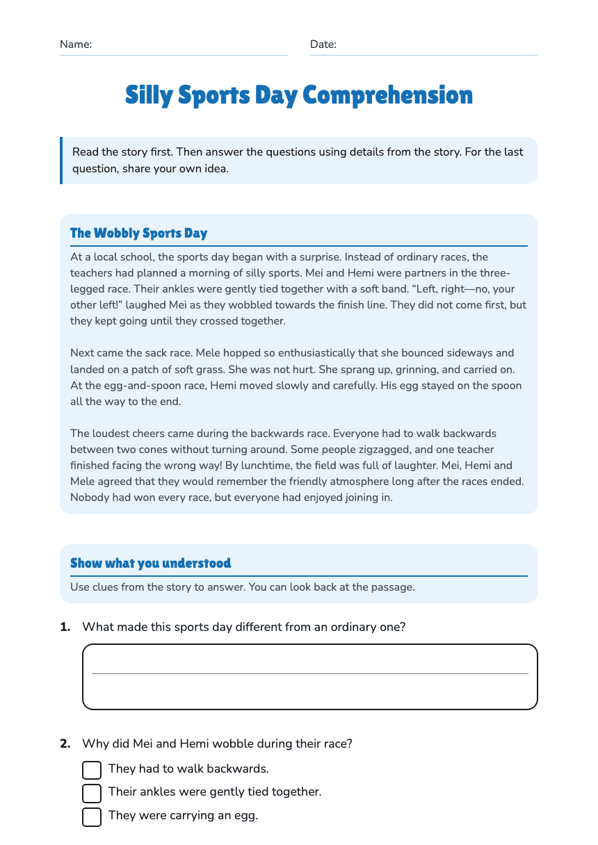 Silly Sports Day Comprehension worksheet preview
