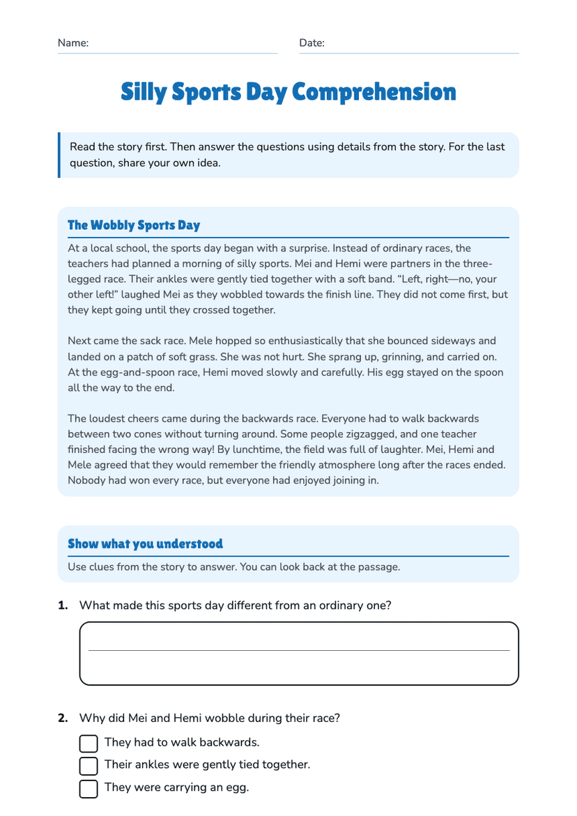 Silly Sports Day Comprehension