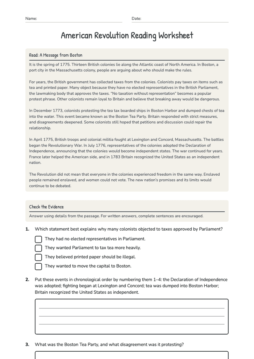 American Revolution Reading Worksheet