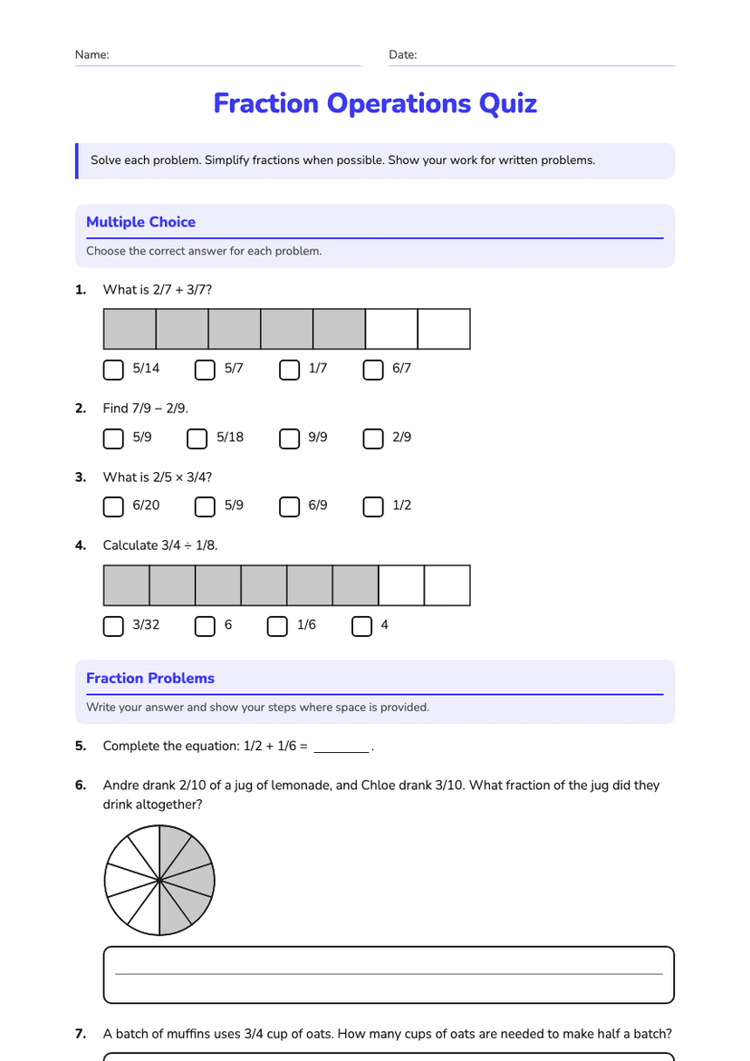 Fraction Operations Quiz