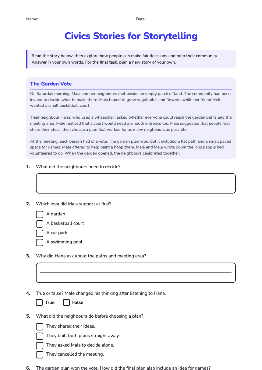 Civics Stories for Storytelling worksheet preview