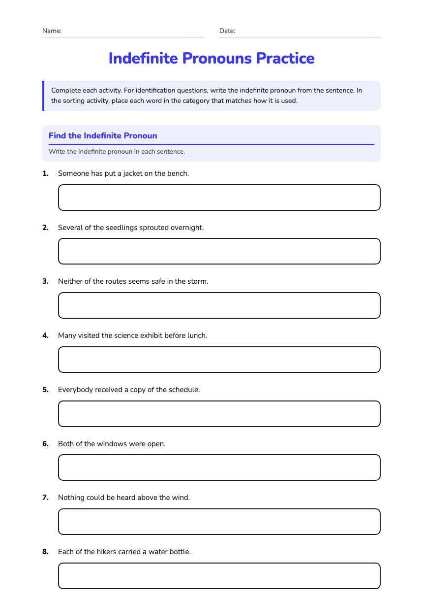 Indefinite Pronouns Practice worksheet preview