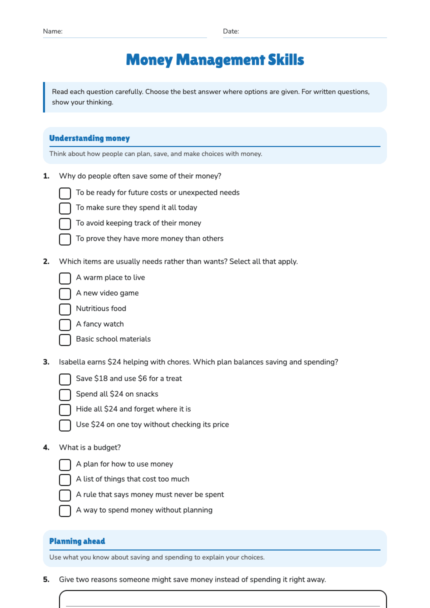 Money Management Skills worksheet preview