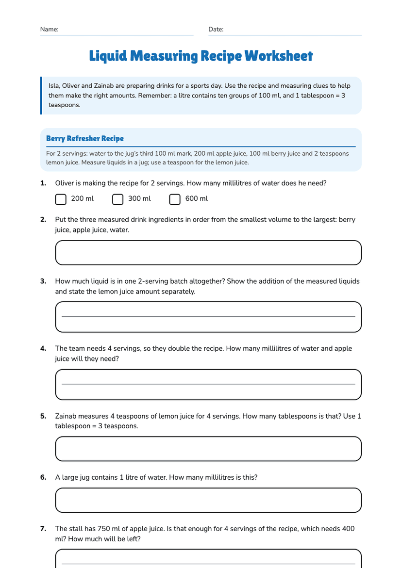 Liquid Measuring Recipe Worksheet