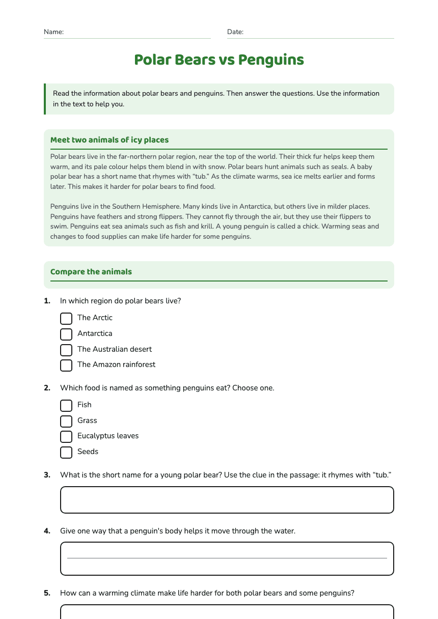 Polar Bears vs Penguins worksheet preview