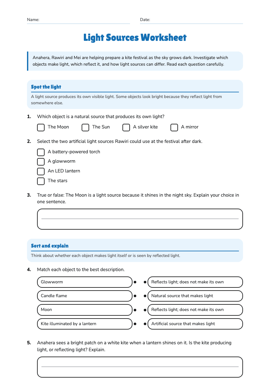 Light Sources Worksheet worksheet preview