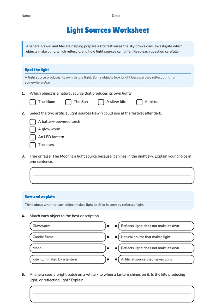 Light Sources Worksheet