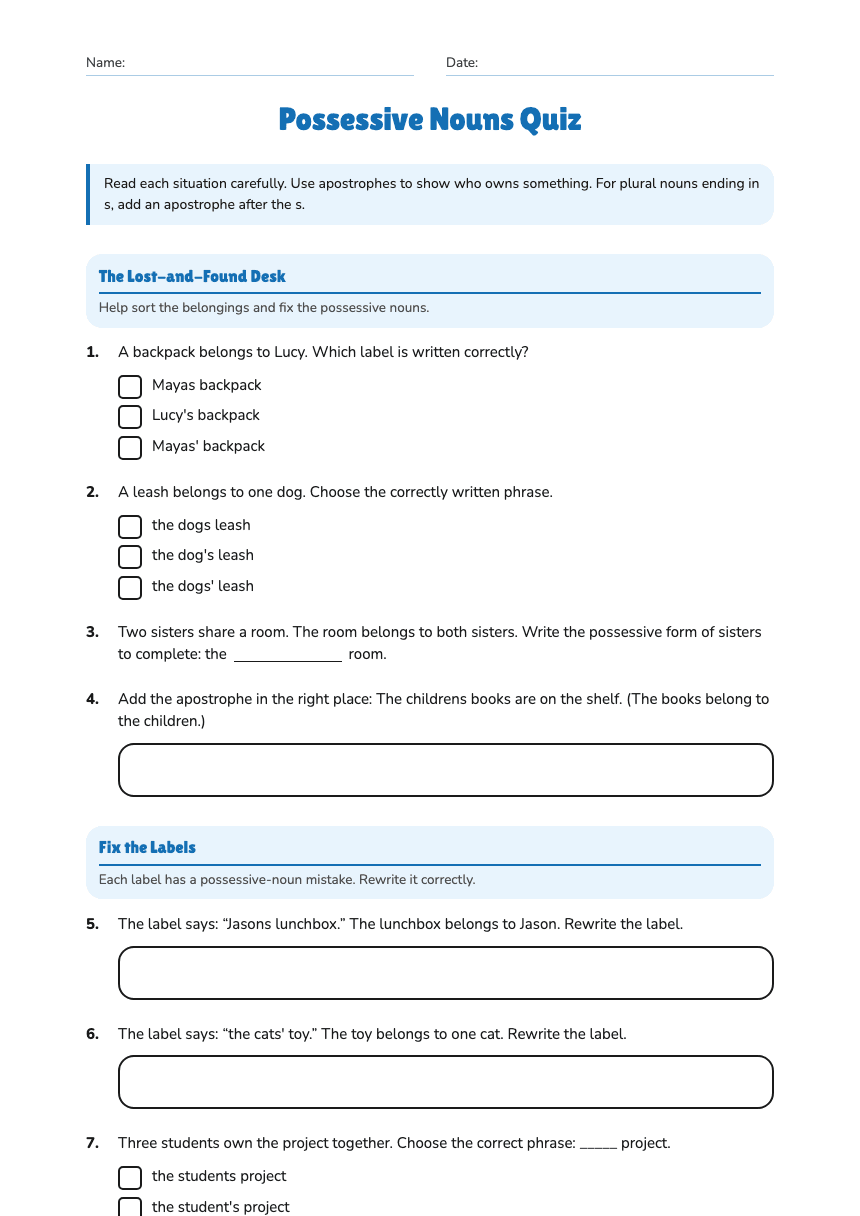 Possessive Nouns Quiz worksheet preview