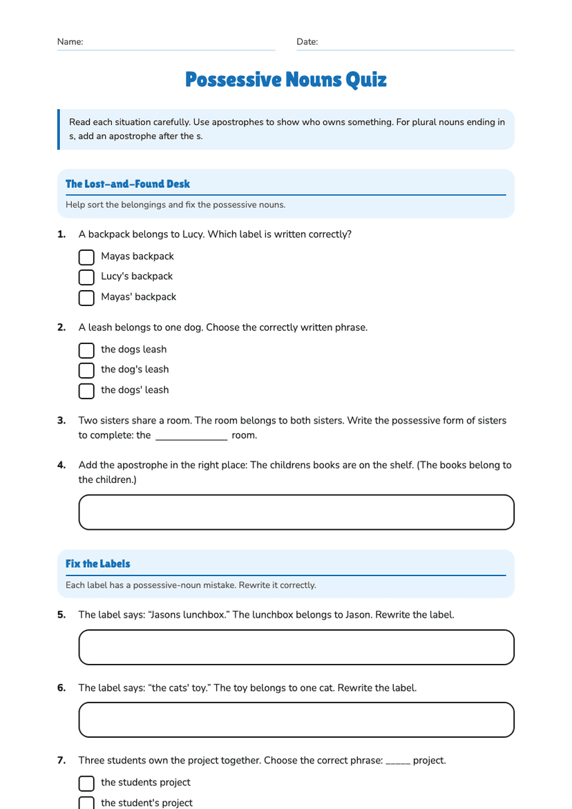 Possessive Nouns Quiz