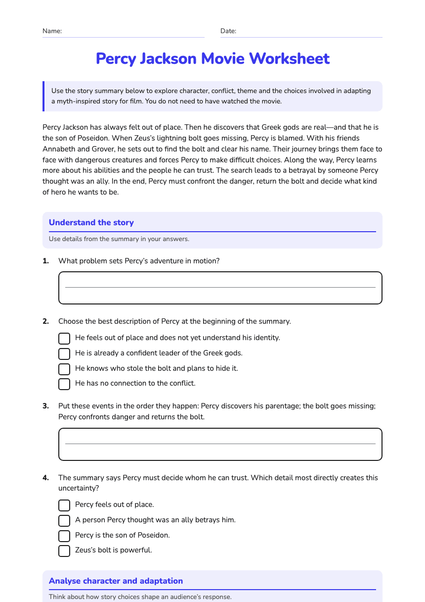 Percy Jackson Movie Worksheet worksheet preview