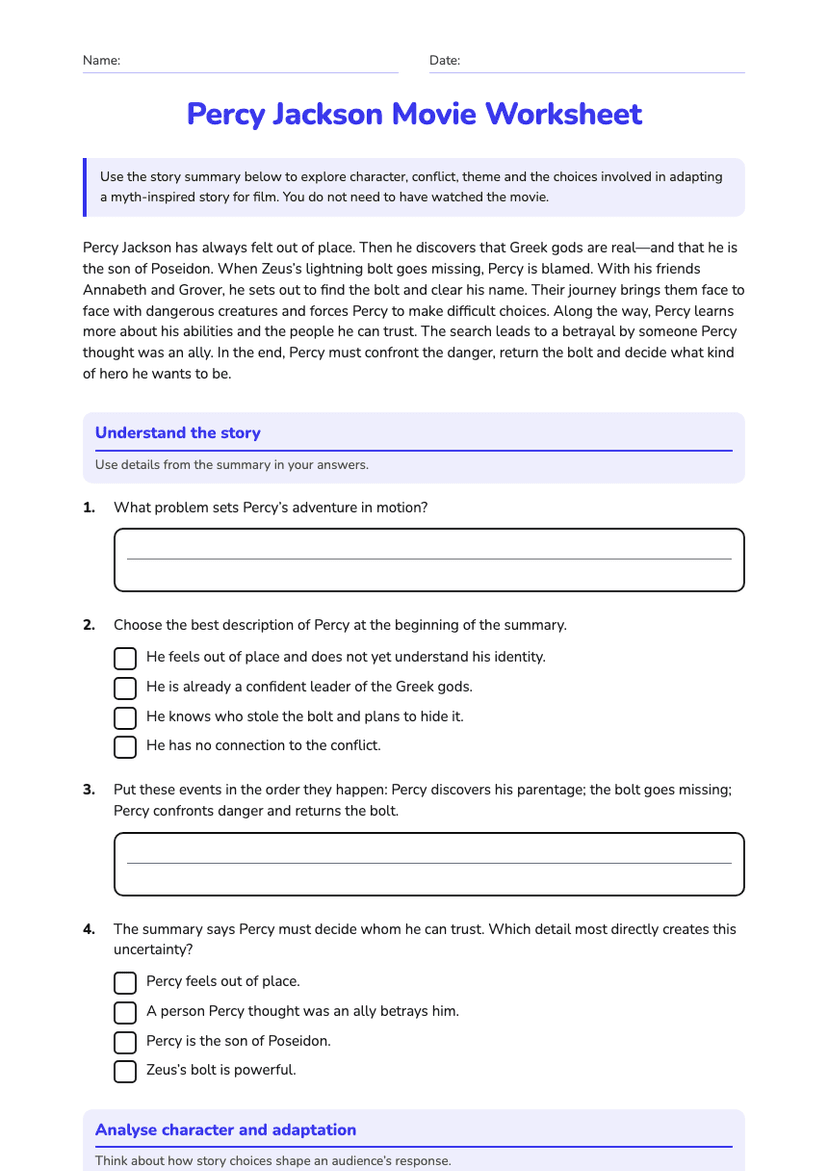 Percy Jackson Movie Worksheet