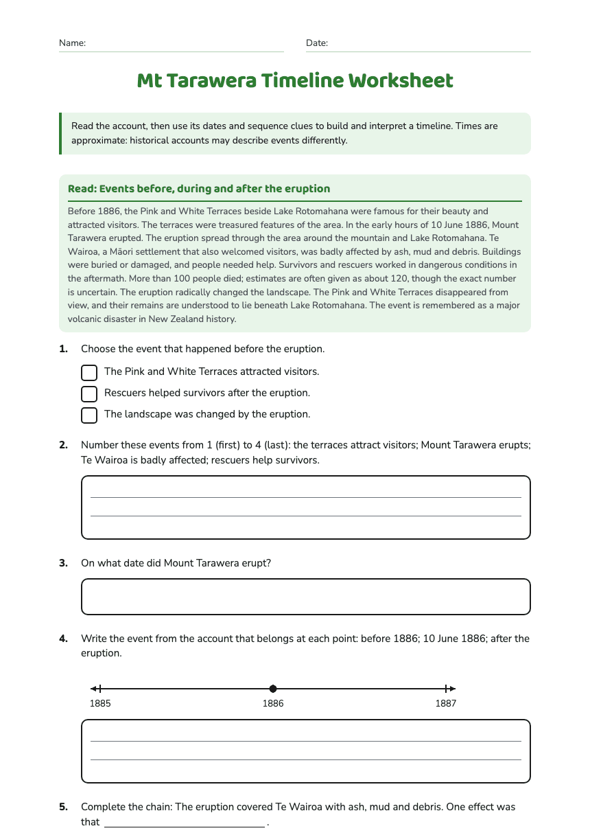 Mt Tarawera Timeline Worksheet worksheet preview
