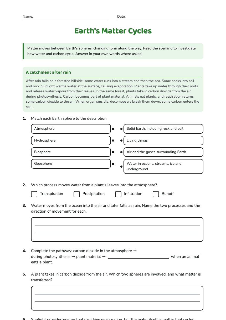 Earth's Matter Cycles worksheet preview
