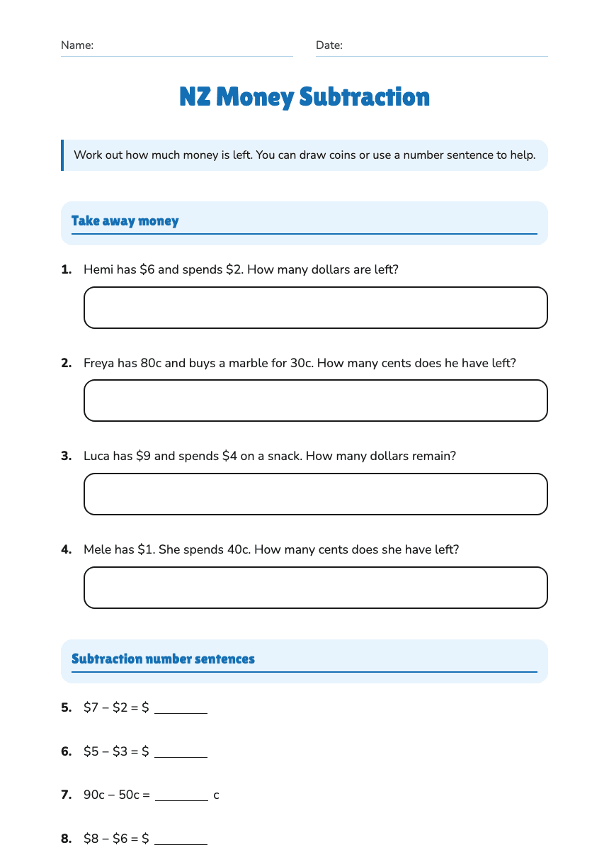 NZ Money Subtraction worksheet preview