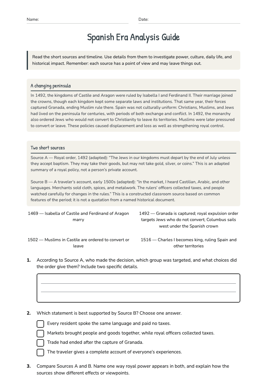 Spanish Era Analysis Guide worksheet preview