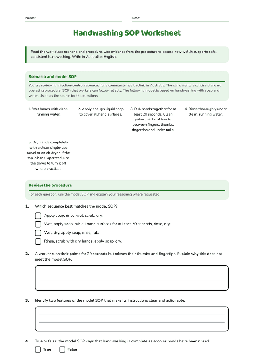 Handwashing SOP Worksheet