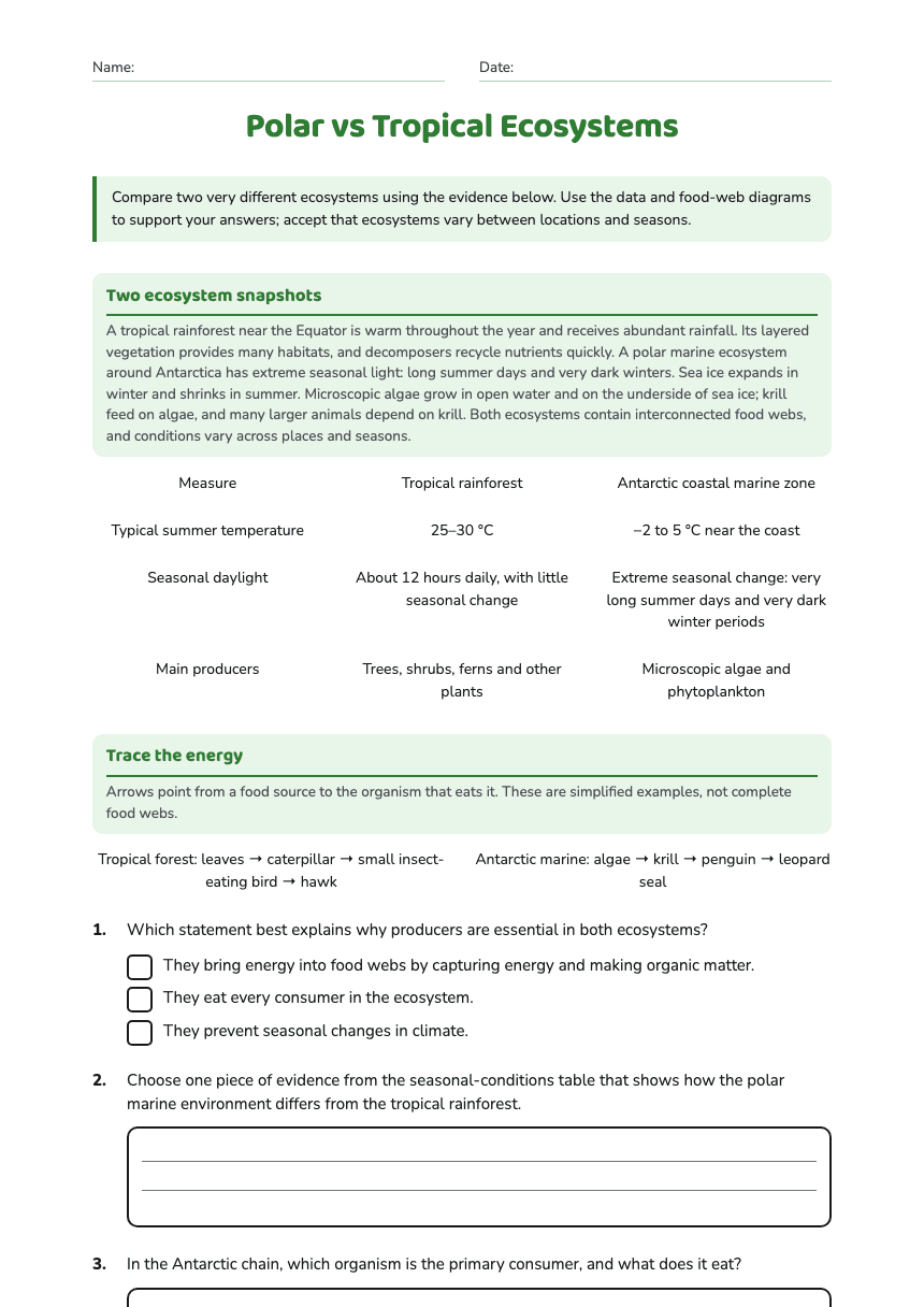 Polar vs Tropical Ecosystems worksheet preview