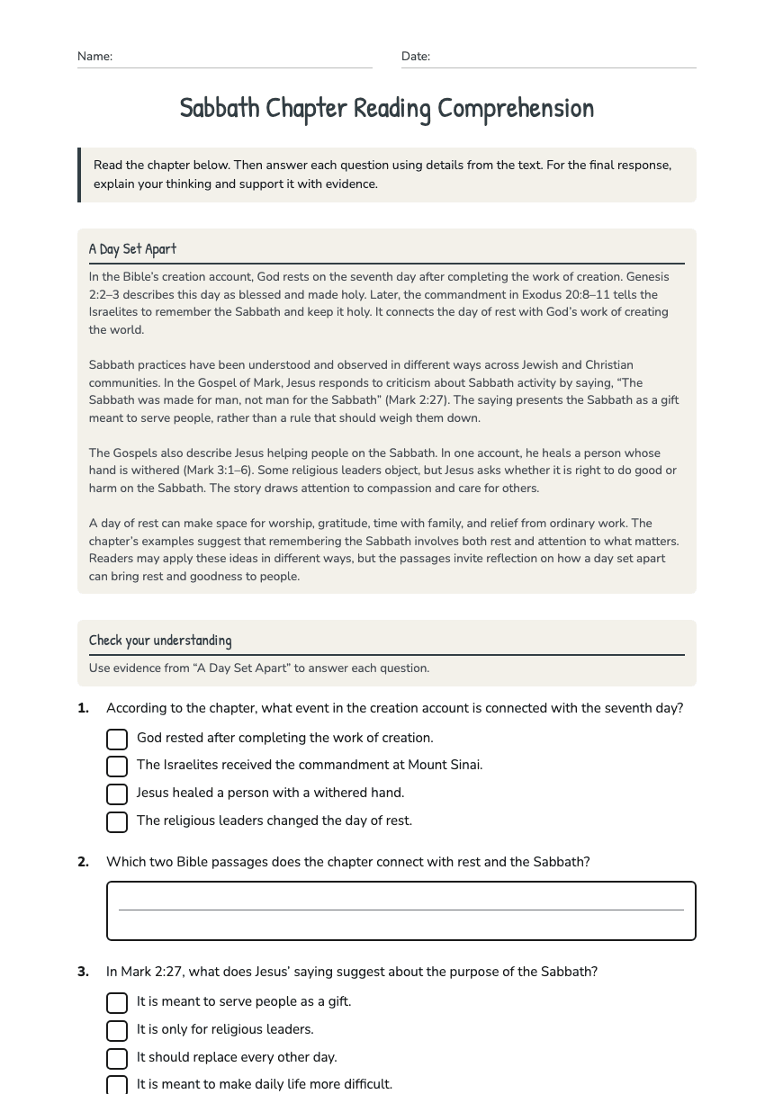 Sabbath Chapter Reading Comprehension worksheet preview