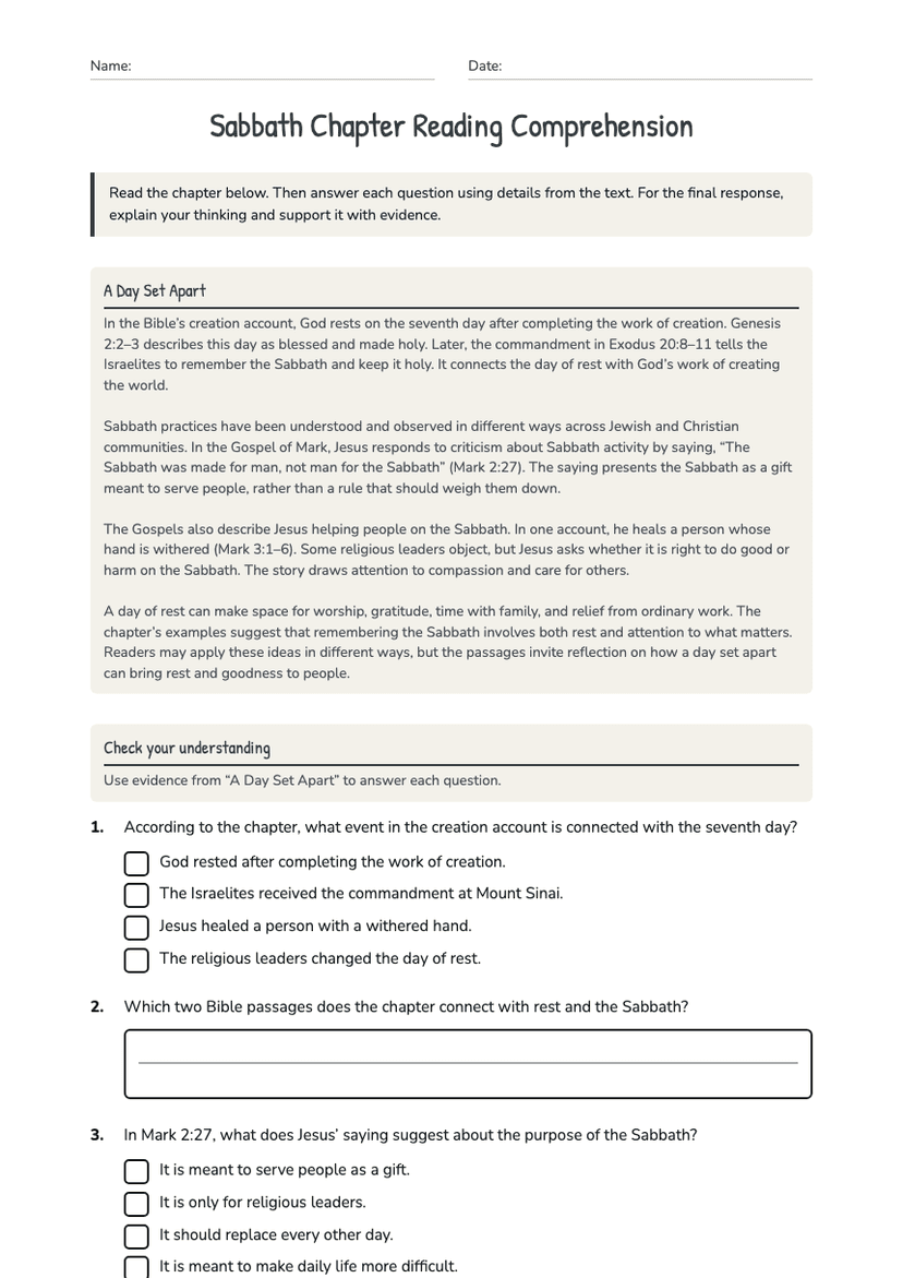 Sabbath Chapter Reading Comprehension