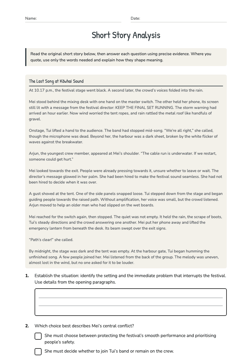 Short Story Analysis worksheet preview