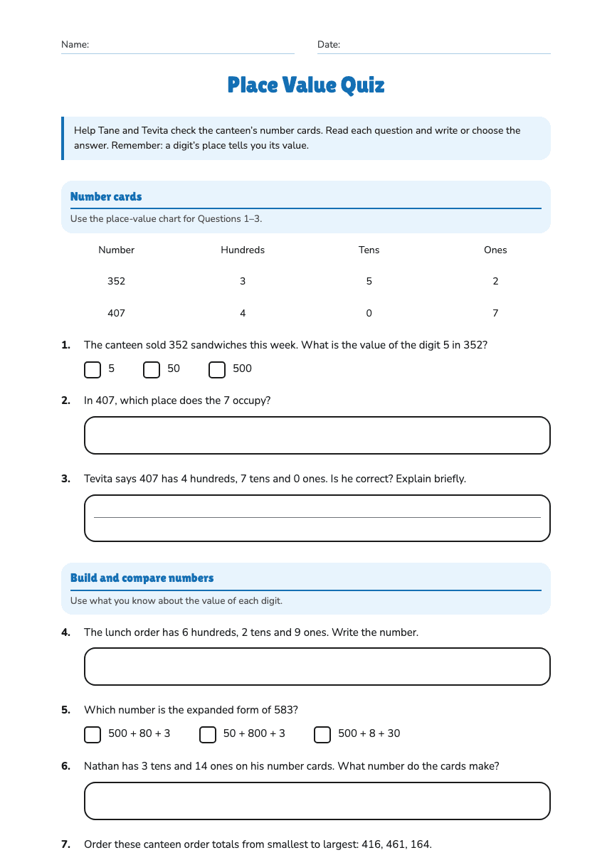 Place Value Quiz worksheet preview