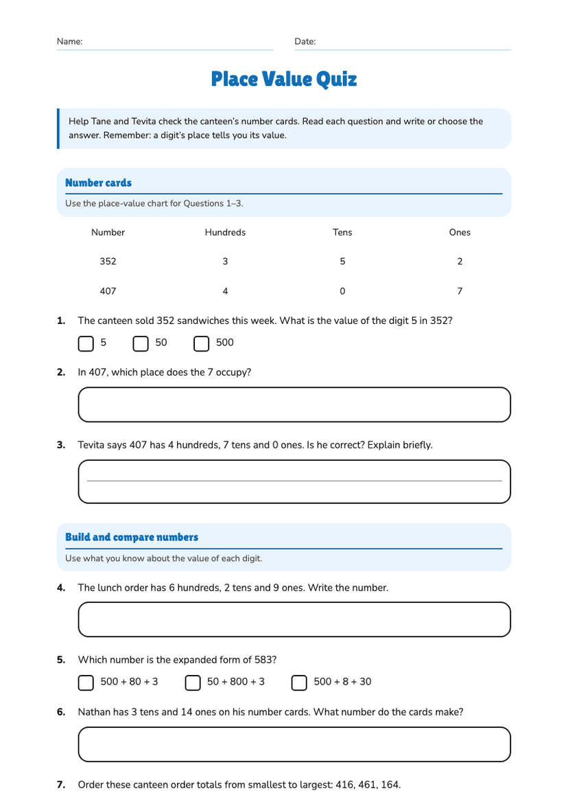 Place Value Quiz
