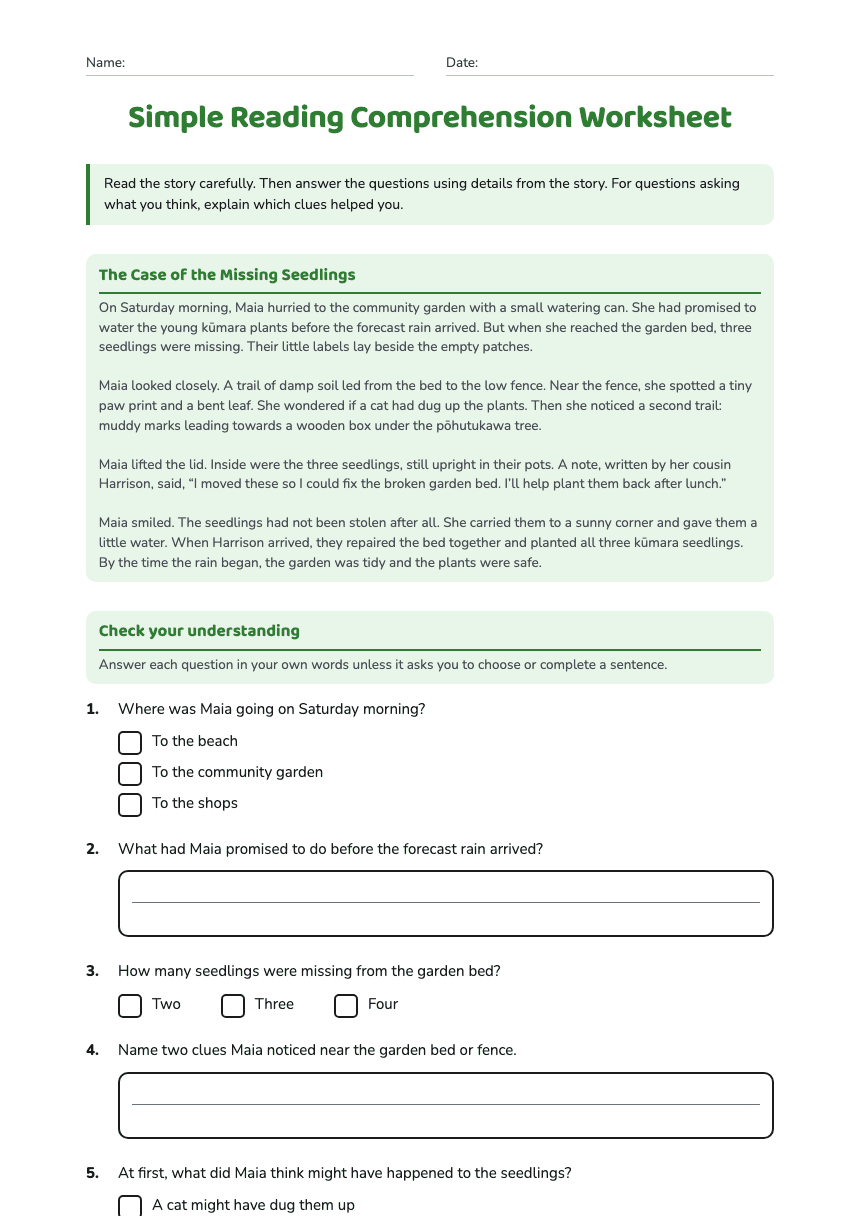 Simple Reading Comprehension Worksheet worksheet preview
