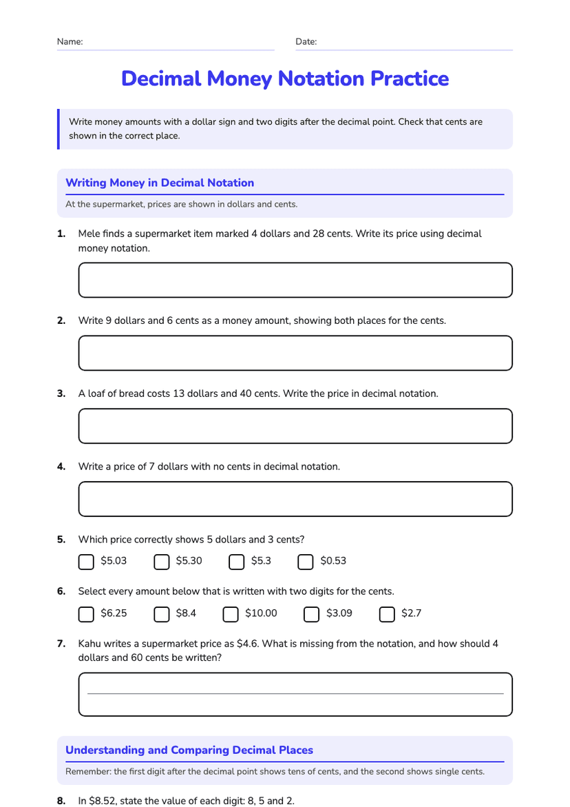 Decimal Money Notation Practice