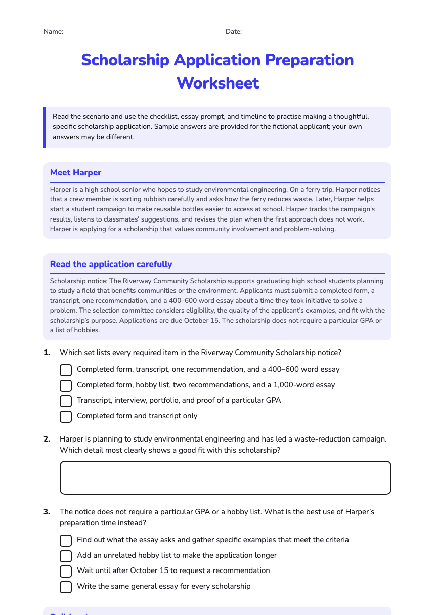 Scholarship Application Preparation Worksheet worksheet preview