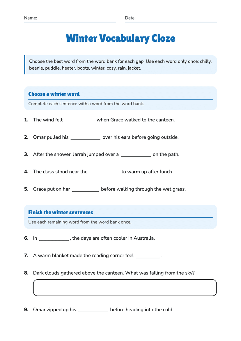 Winter Vocabulary Cloze