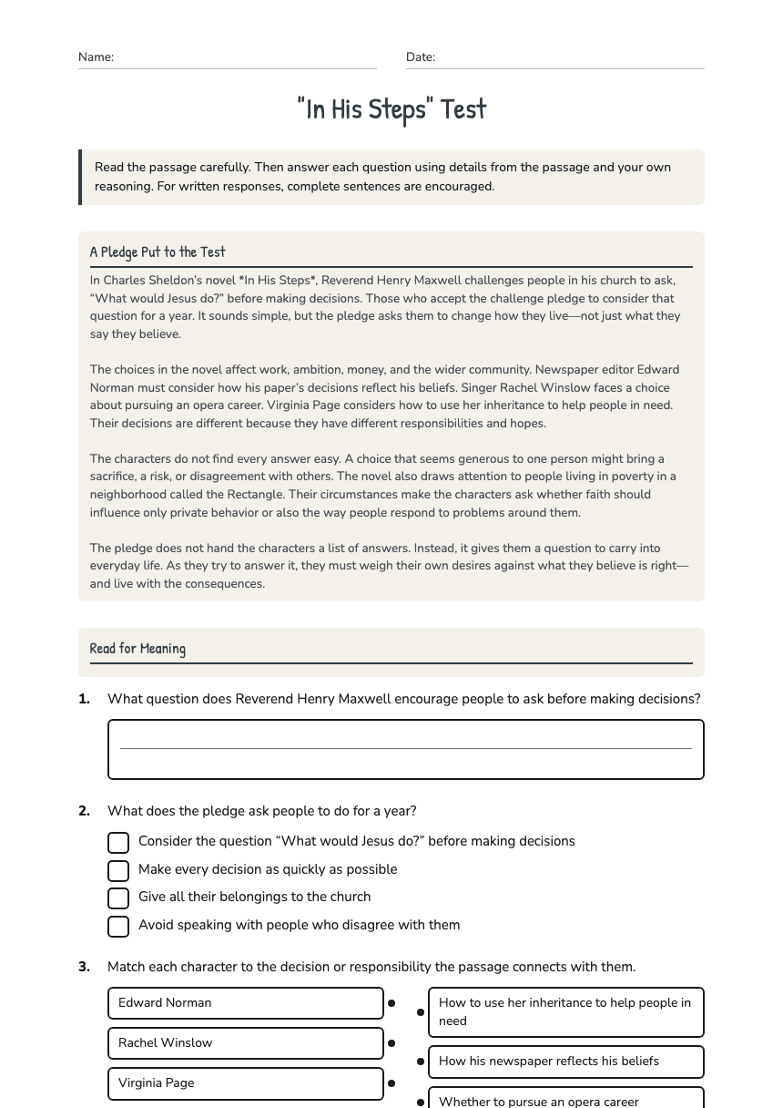 "In His Steps" Test worksheet preview