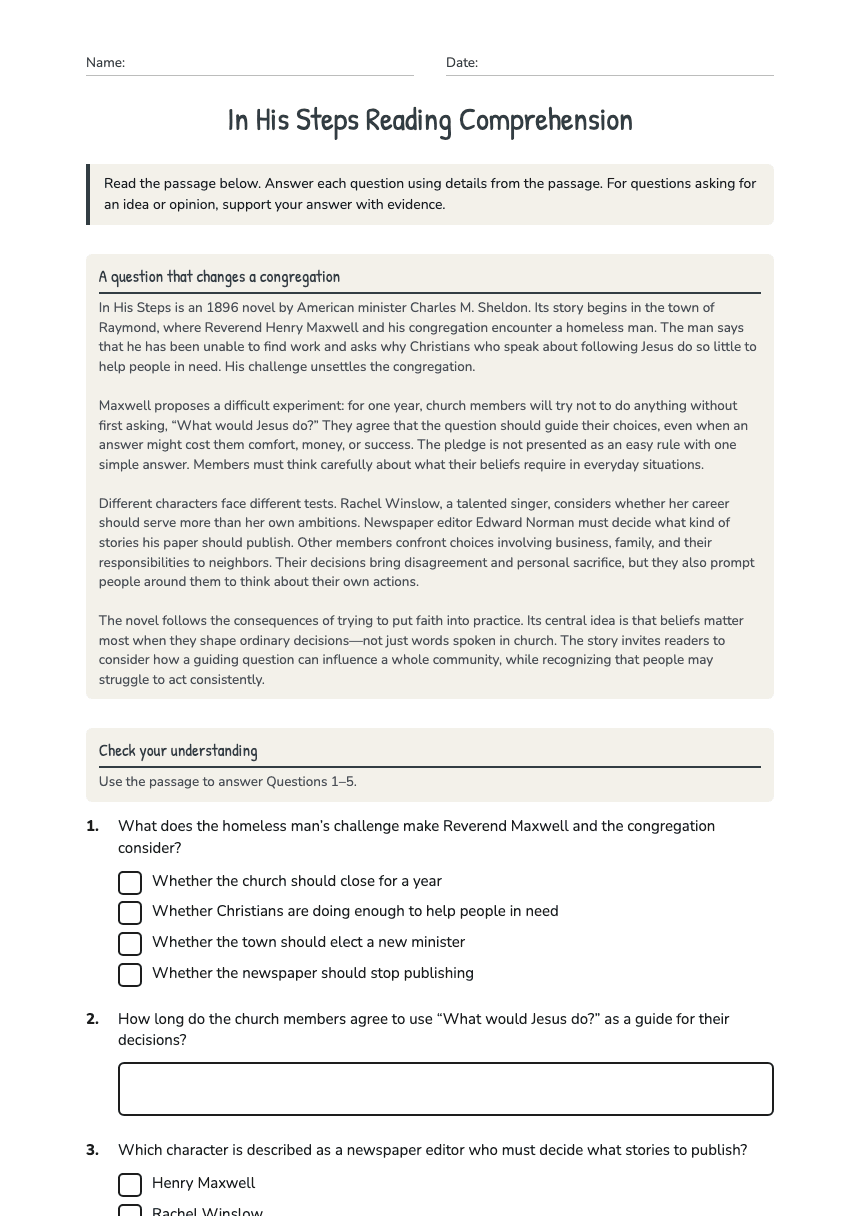 In His Steps Reading Comprehension worksheet preview