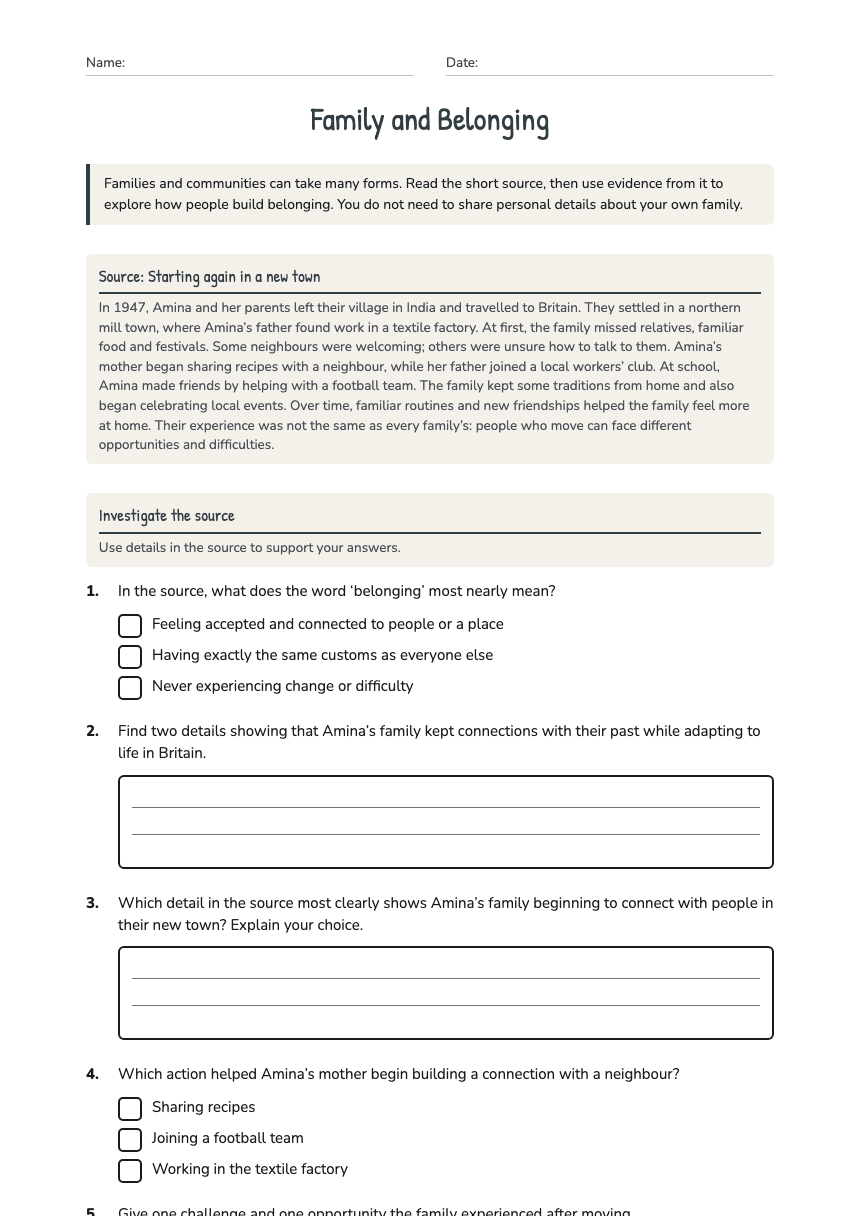 Family and Belonging worksheet preview