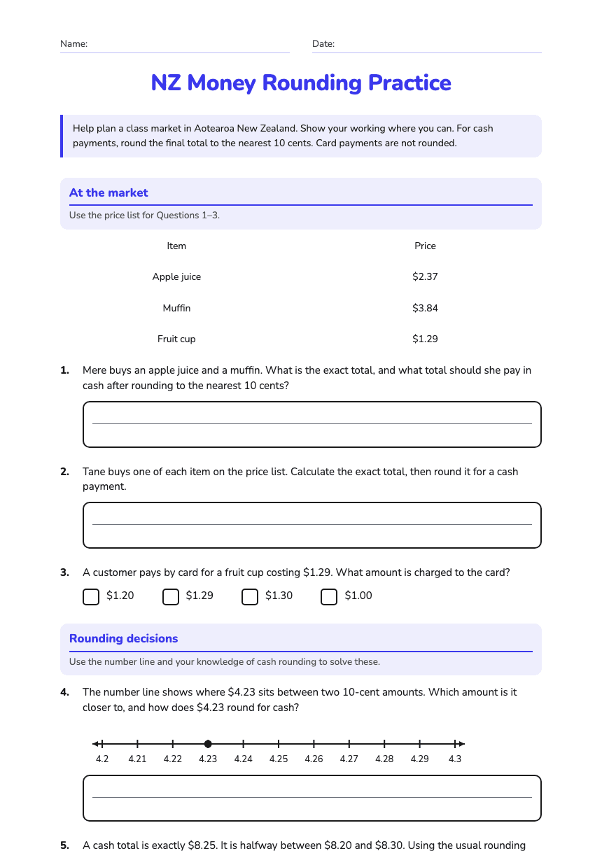 NZ Money Rounding Practice worksheet preview