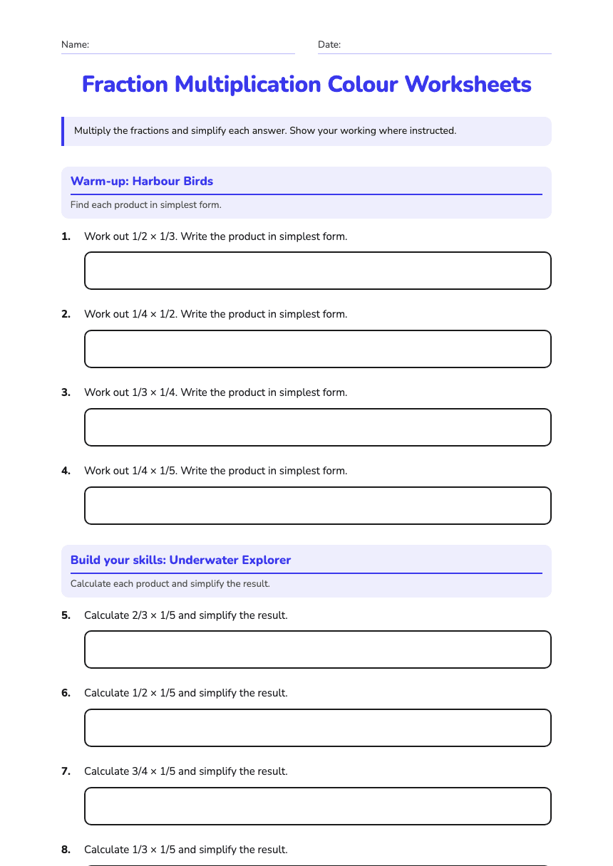 Fraction Multiplication Colour Worksheets worksheet preview