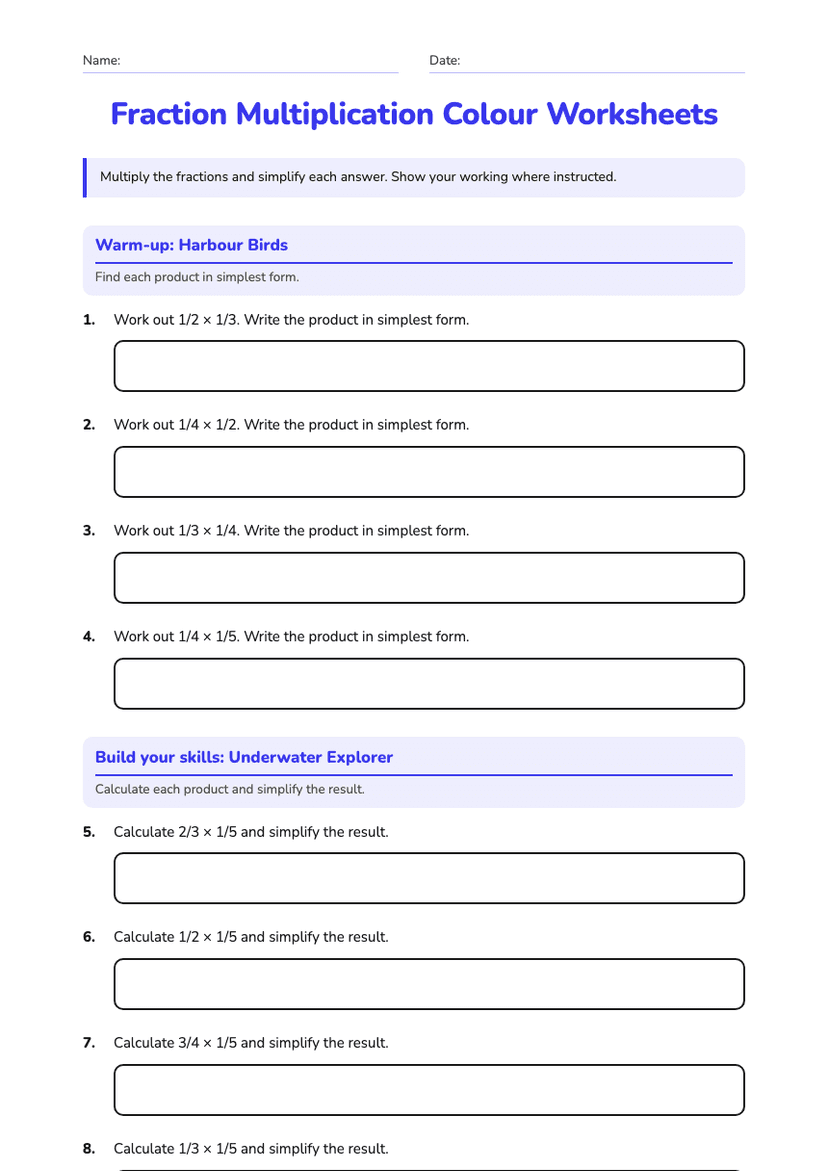 Fraction Multiplication Colour Worksheets