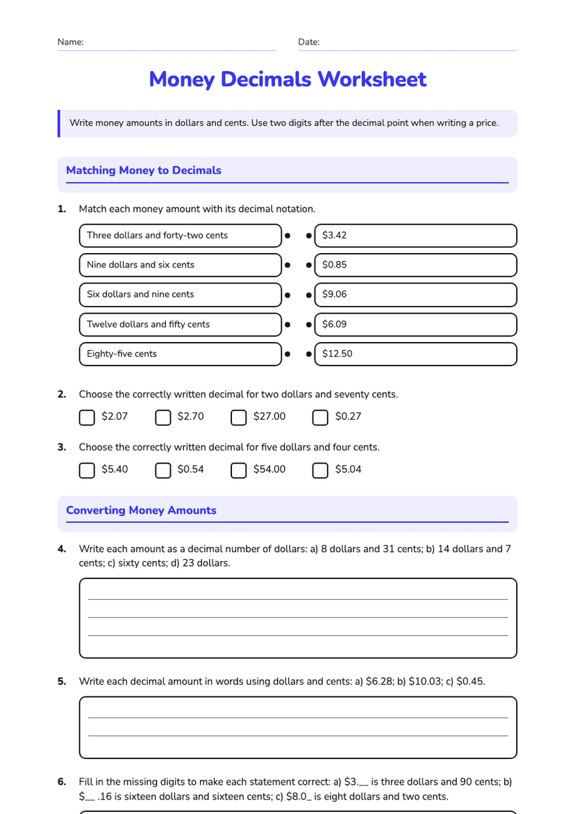 Money Decimals Worksheet