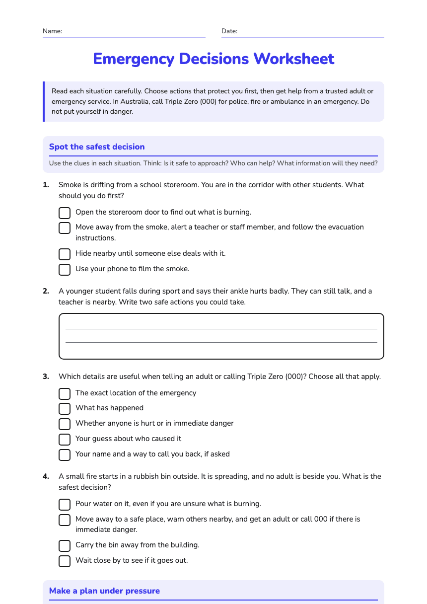 Emergency Decisions Worksheet worksheet preview