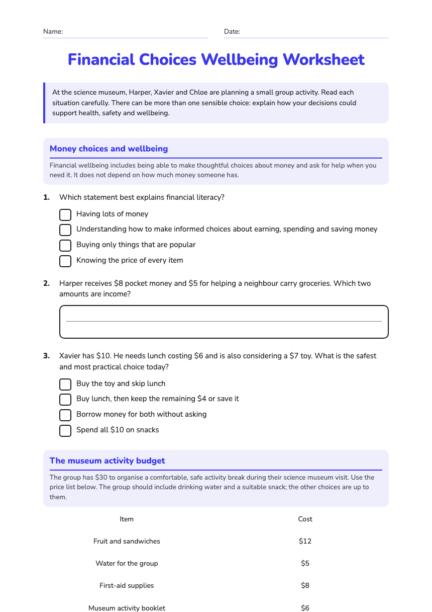 Financial Choices Wellbeing Worksheet worksheet preview