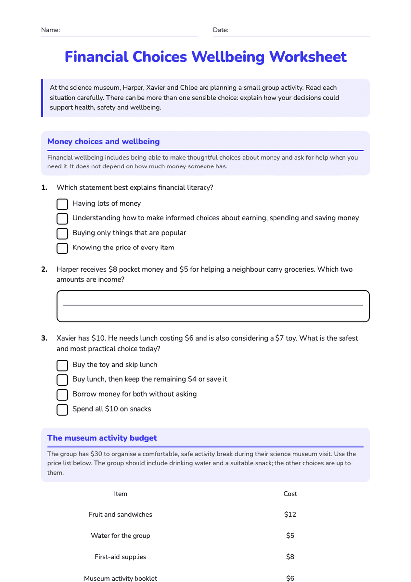 Financial Choices Wellbeing Worksheet