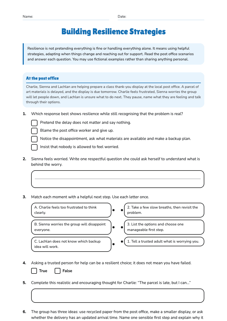 Building Resilience Strategies worksheet preview