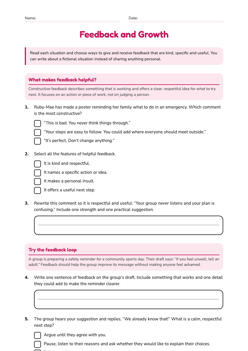 Feedback and Growth worksheet preview