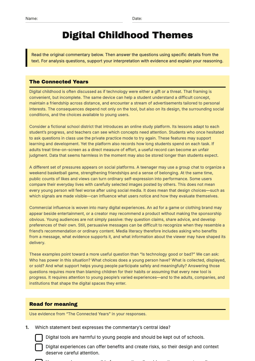 Digital Childhood Themes worksheet preview