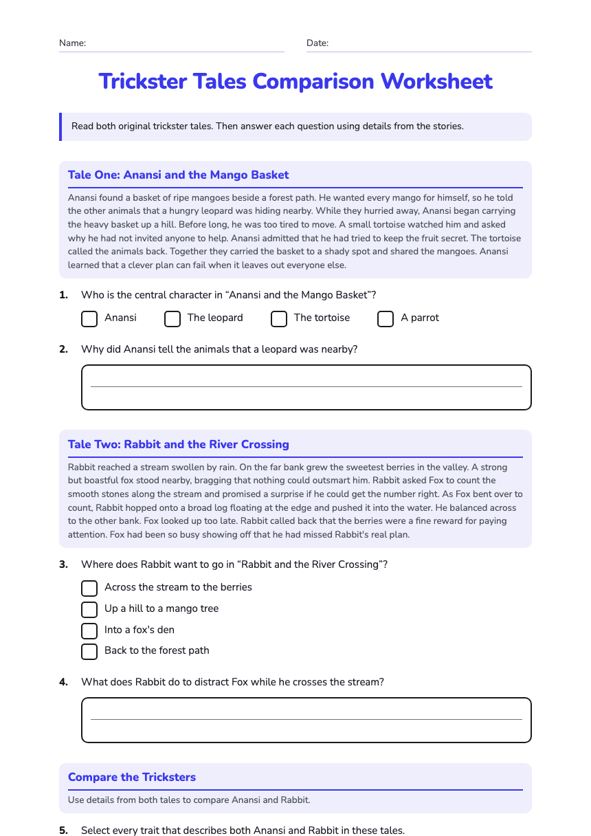 Trickster Tales Comparison Worksheet worksheet preview
